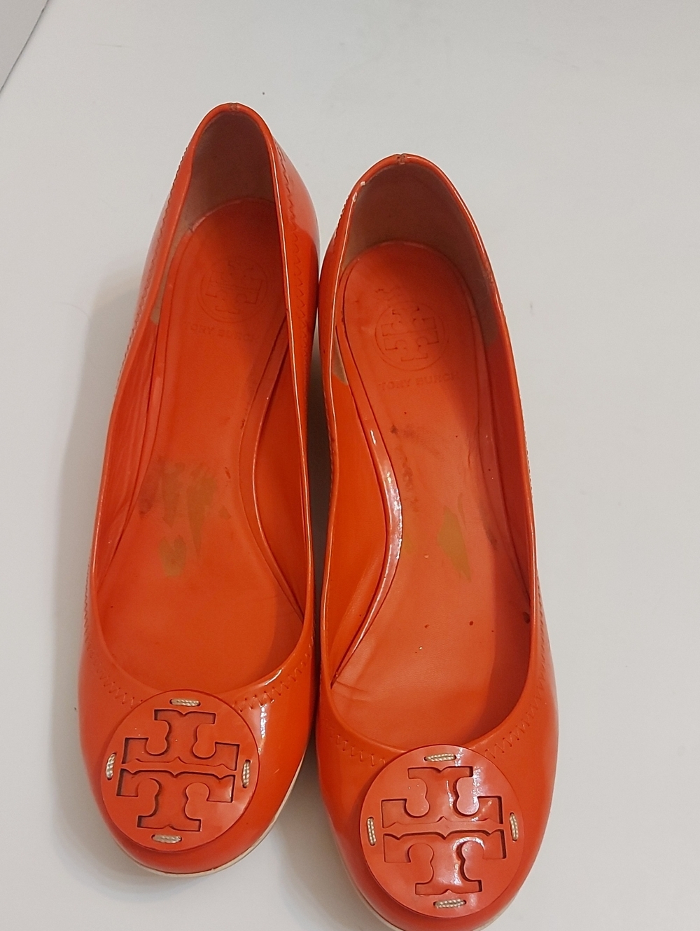 Tory Burch Bright Orange Patent Leather Logo Ballet Flats